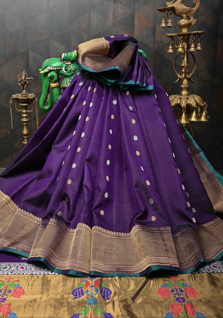 Grape Purple Gadwal Pure Silk Saree with Silver, Gold Buttas and Zari Border | SILK MARK CERTIFIED