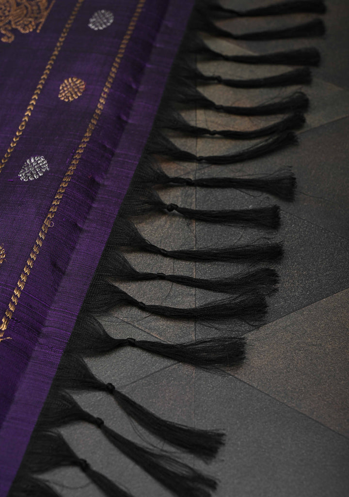 Grape Purple Gadwal Pure Silk Saree with Silver, Gold Buttas and Zari Border | SILK MARK CERTIFIED