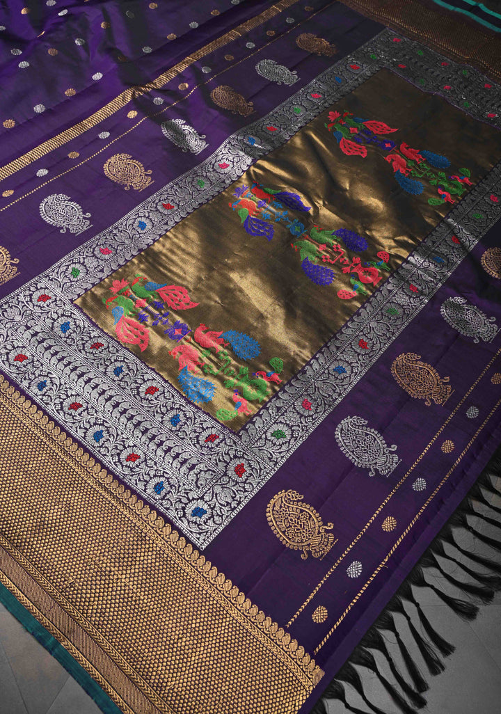 Grape Purple Gadwal Pure Silk Saree with Silver, Gold Buttas and Zari Border | SILK MARK CERTIFIED