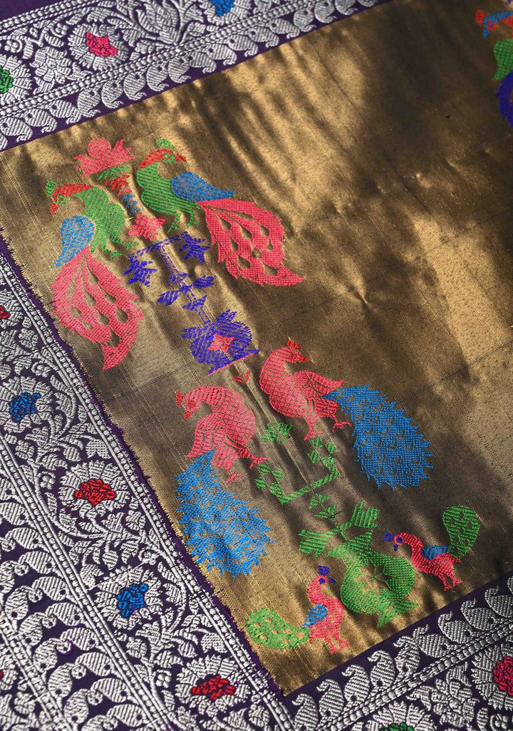 Grape Purple Gadwal Pure Silk Saree with Silver, Gold Buttas and Zari Border | SILK MARK CERTIFIED