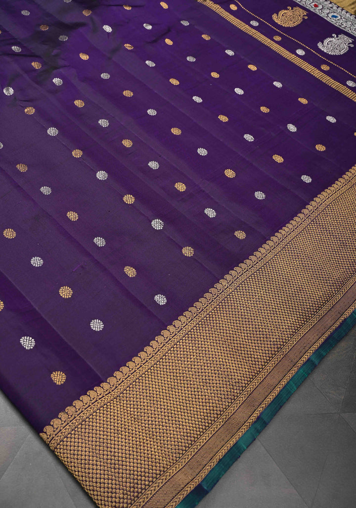 Grape Purple Gadwal Pure Silk Saree with Silver, Gold Buttas and Zari Border | SILK MARK CERTIFIED