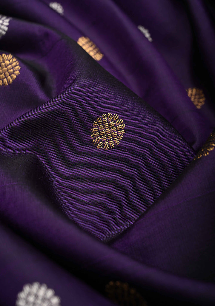 Grape Purple Gadwal Pure Silk Saree with Silver, Gold Buttas and Zari Border | SILK MARK CERTIFIED