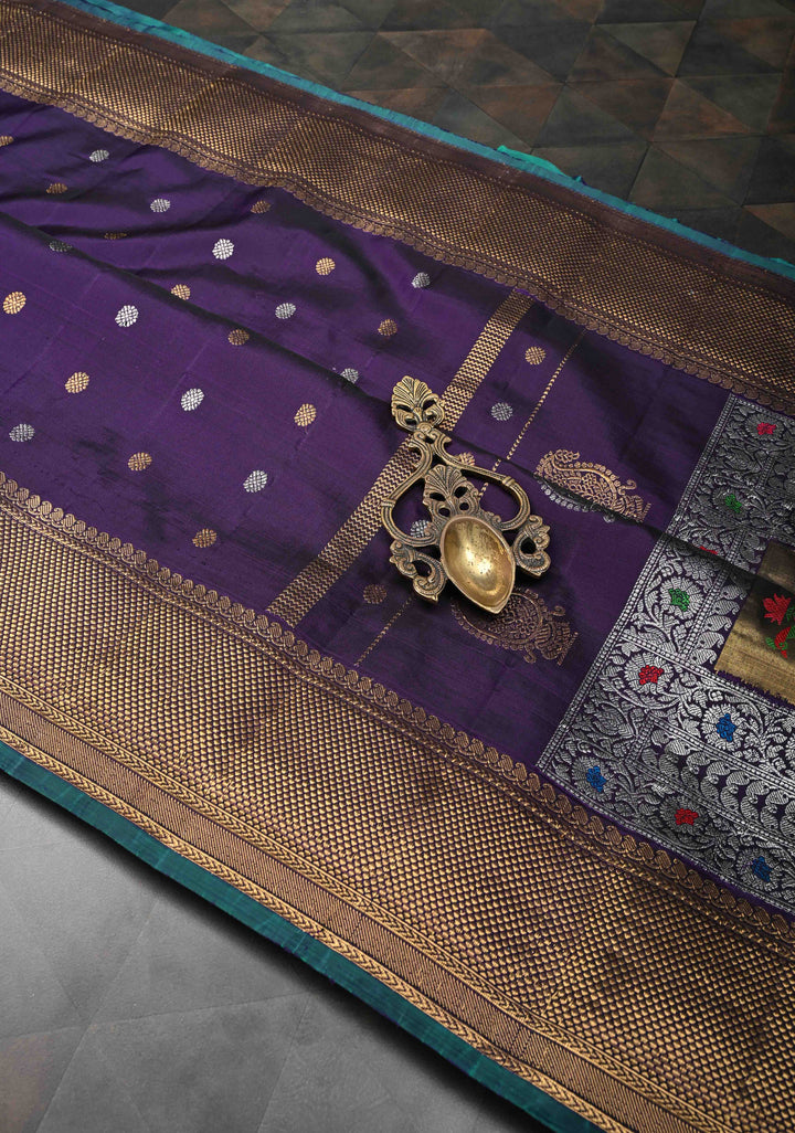Grape Purple Gadwal Pure Silk Saree with Silver, Gold Buttas and Zari Border | SILK MARK CERTIFIED