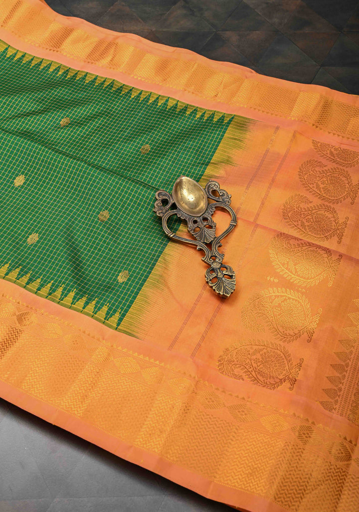 Green Gadwal Pure Silk Saree with Zari Border Zari Checks and Floral Motifs | Silk Mark Certified