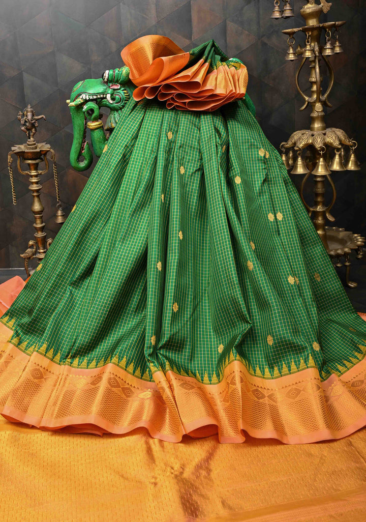 Green Gadwal Pure Silk Saree with Zari Border Zari Checks and Floral Motifs | Silk Mark Certified