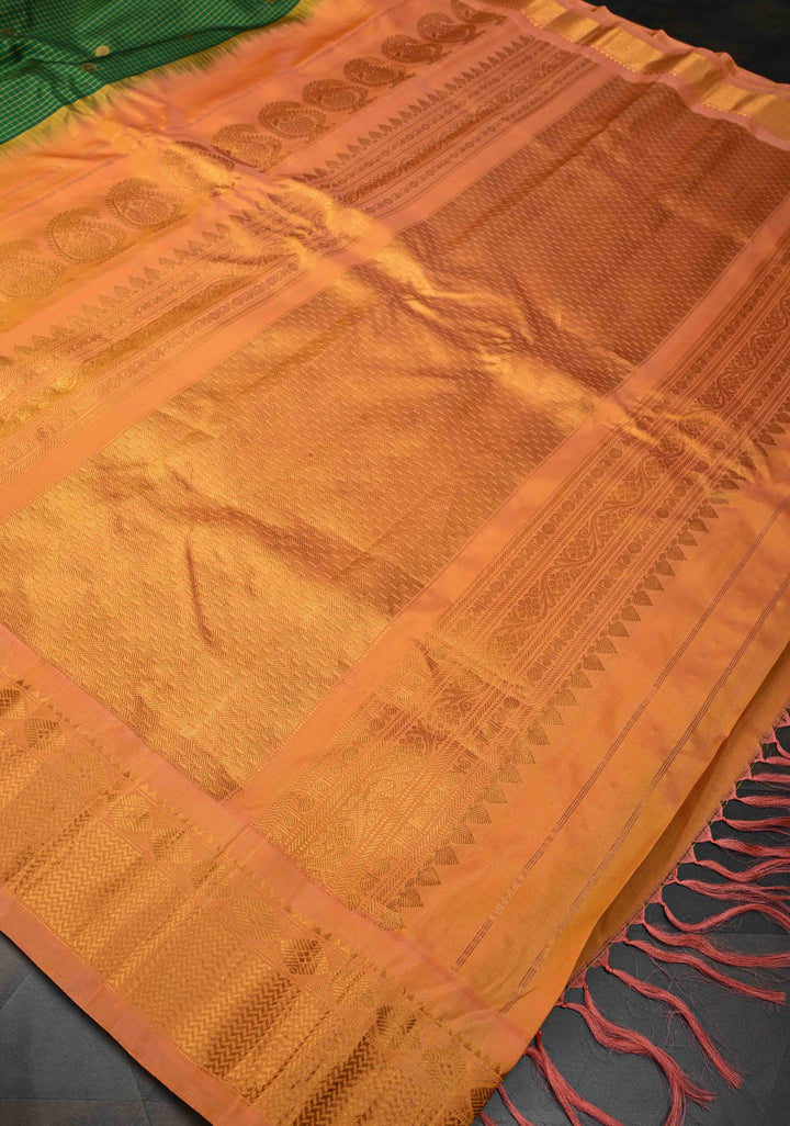 Green Gadwal Pure Silk Saree with Zari Border Zari Checks and Floral Motifs | Silk Mark Certified