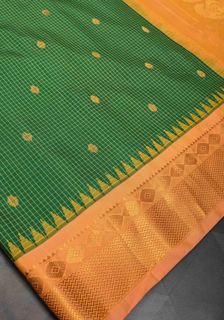 Green Gadwal Pure Silk Saree with Zari Border Zari Checks and Floral Motifs | Silk Mark Certified
