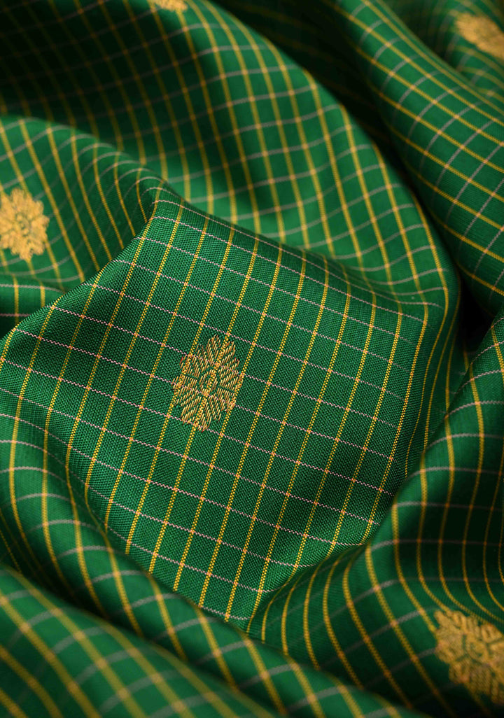 Green Gadwal Pure Silk Saree with Zari Border Zari Checks and Floral Motifs | Silk Mark Certified