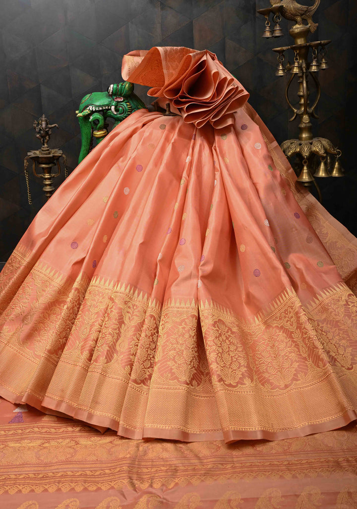 Pinkish Tan Gadwal Pure Silk Saree with Meenakari Buttas and Zari Border | SILK MARK CERTIFIED