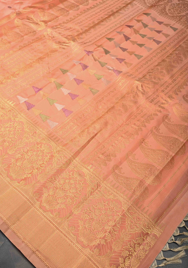 Pinkish Tan Gadwal Pure Silk Saree with Meenakari Buttas and Zari Border | SILK MARK CERTIFIED