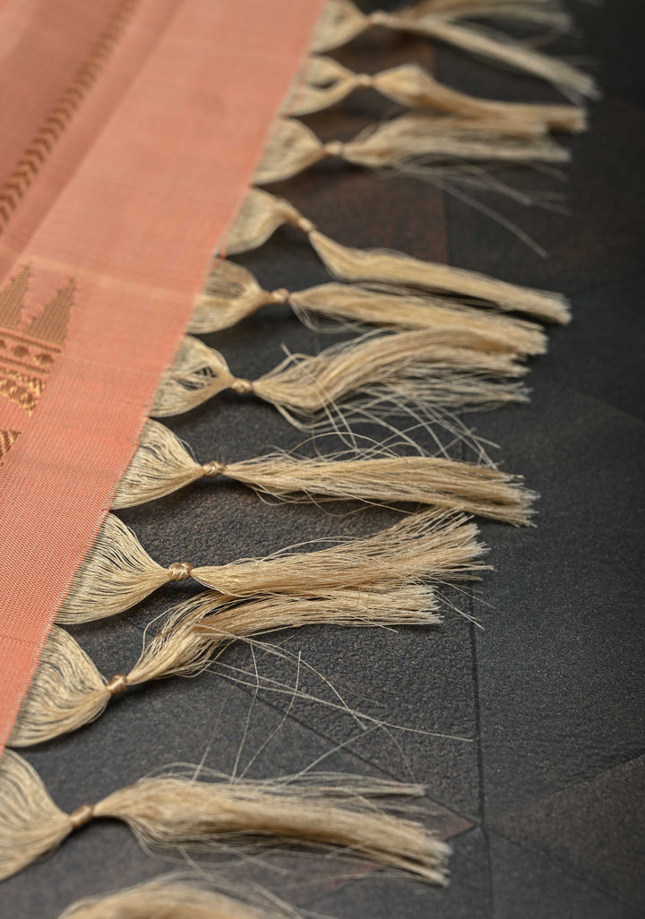 Pinkish Tan Gadwal Pure Silk Saree with Meenakari Buttas and Zari Border | SILK MARK CERTIFIED