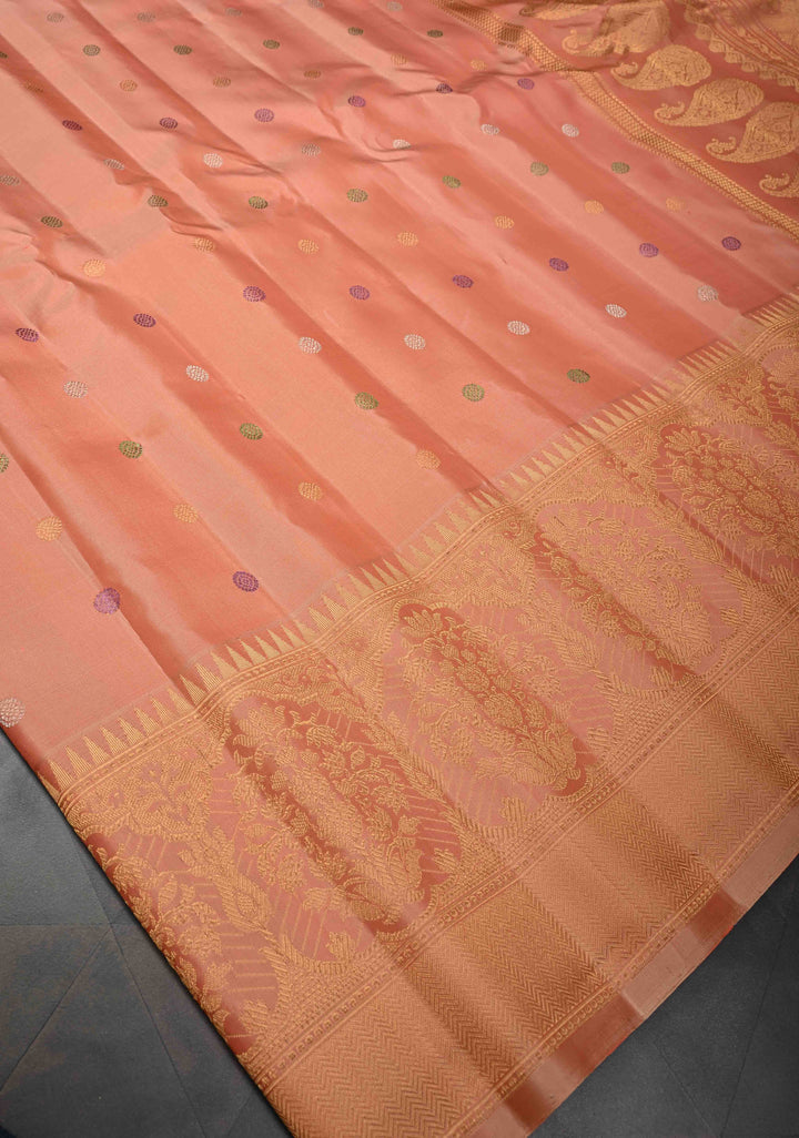 Pinkish Tan Gadwal Pure Silk Saree with Meenakari Buttas and Zari Border | SILK MARK CERTIFIED