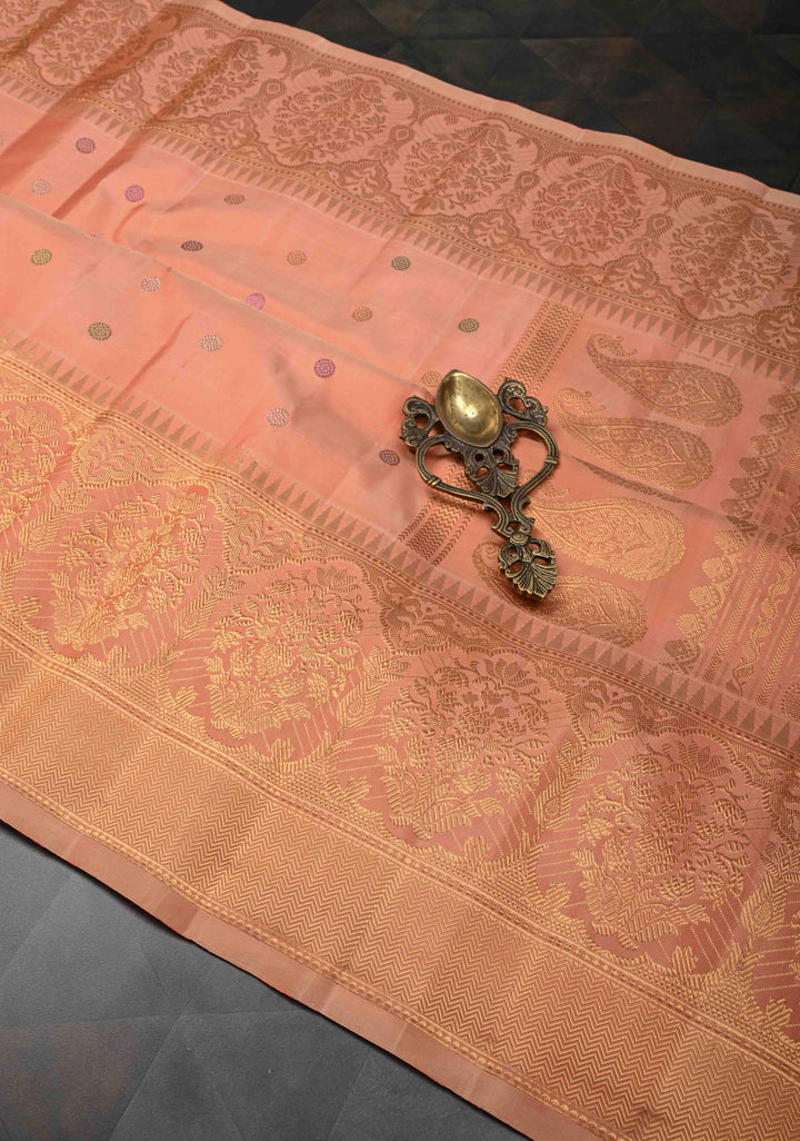 Pinkish Tan Gadwal Pure Silk Saree with Meenakari Buttas and Zari Border | SILK MARK CERTIFIED