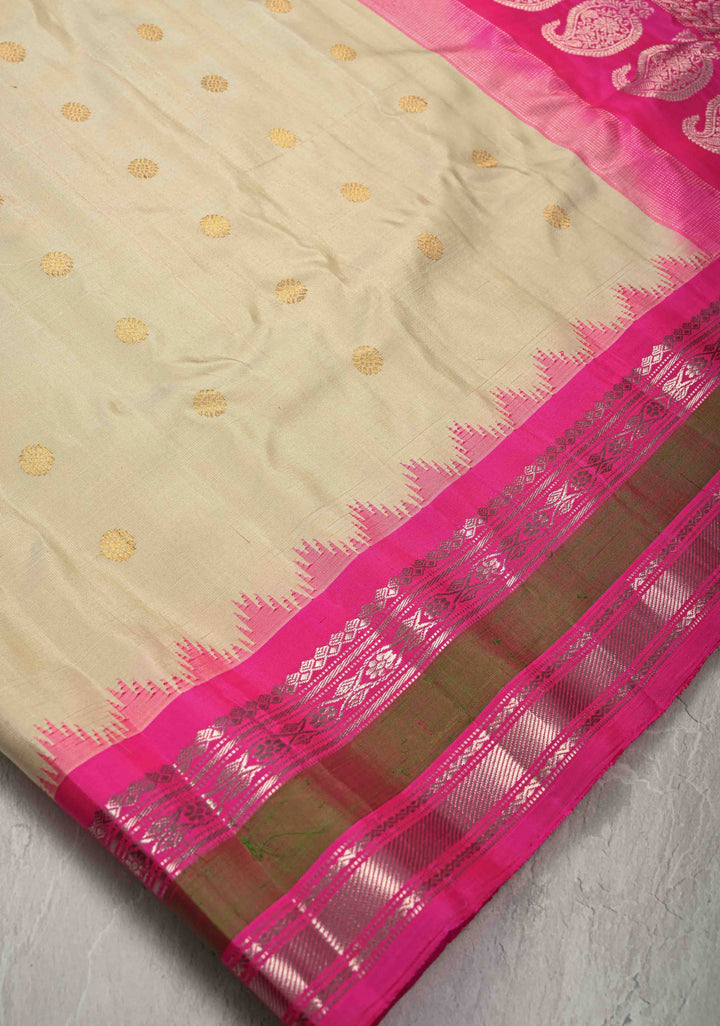 Cream Pure Gadwal Silk Saree with Zari Buttas and Contrast Rettaipet Border | SILK MARK CERTIFIED