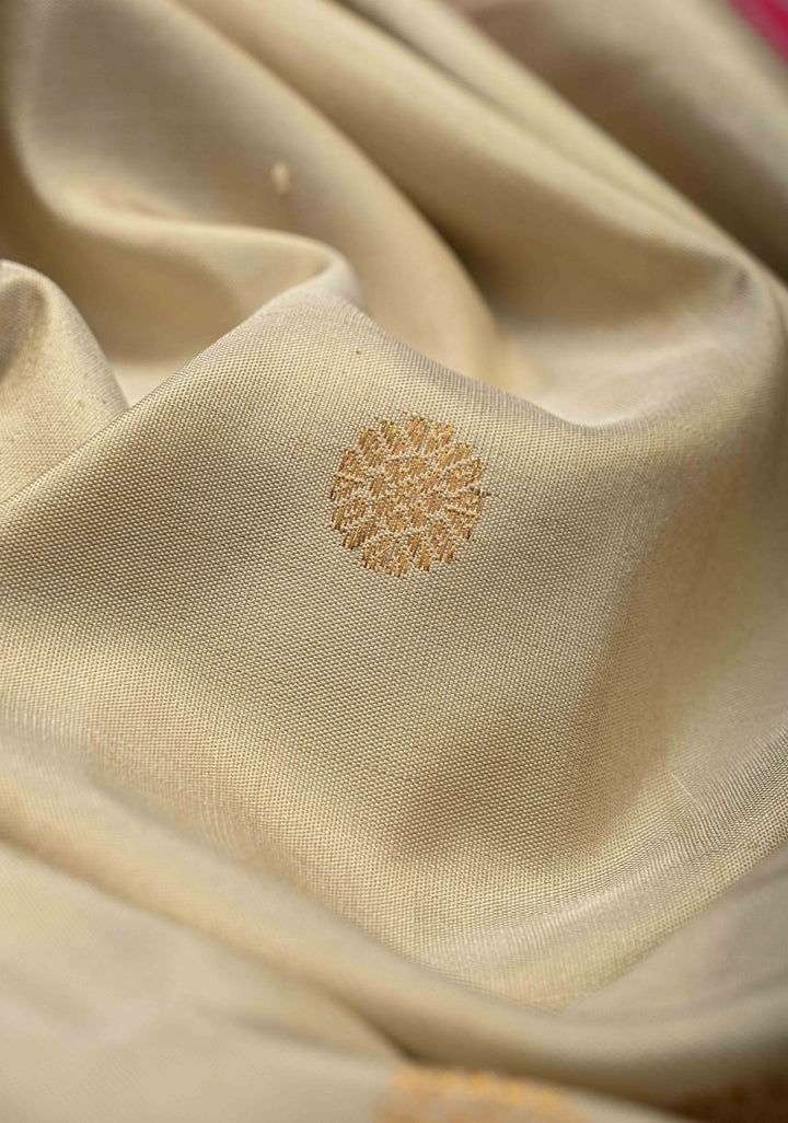 Cream Pure Gadwal Silk Saree with Zari Buttas and Contrast Rettaipet Border | SILK MARK CERTIFIED