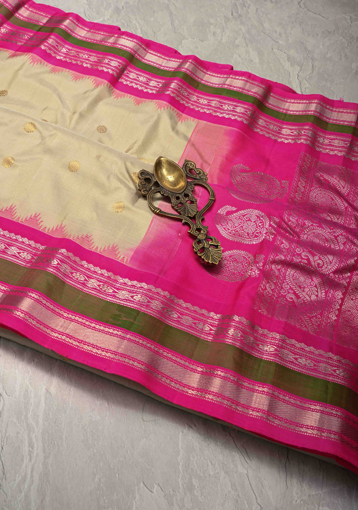 Cream Pure Gadwal Silk Saree with Zari Buttas and Contrast Rettaipet Border | SILK MARK CERTIFIED