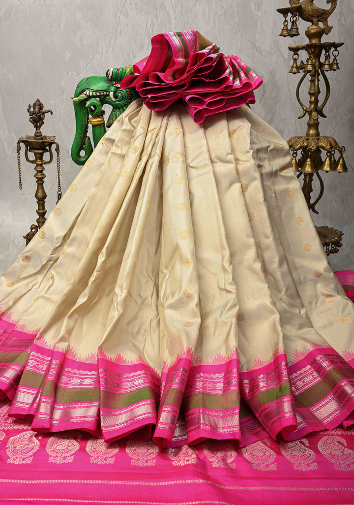 Cream Pure Gadwal Silk Saree with Zari Buttas and Contrast Rettaipet Border | SILK MARK CERTIFIED