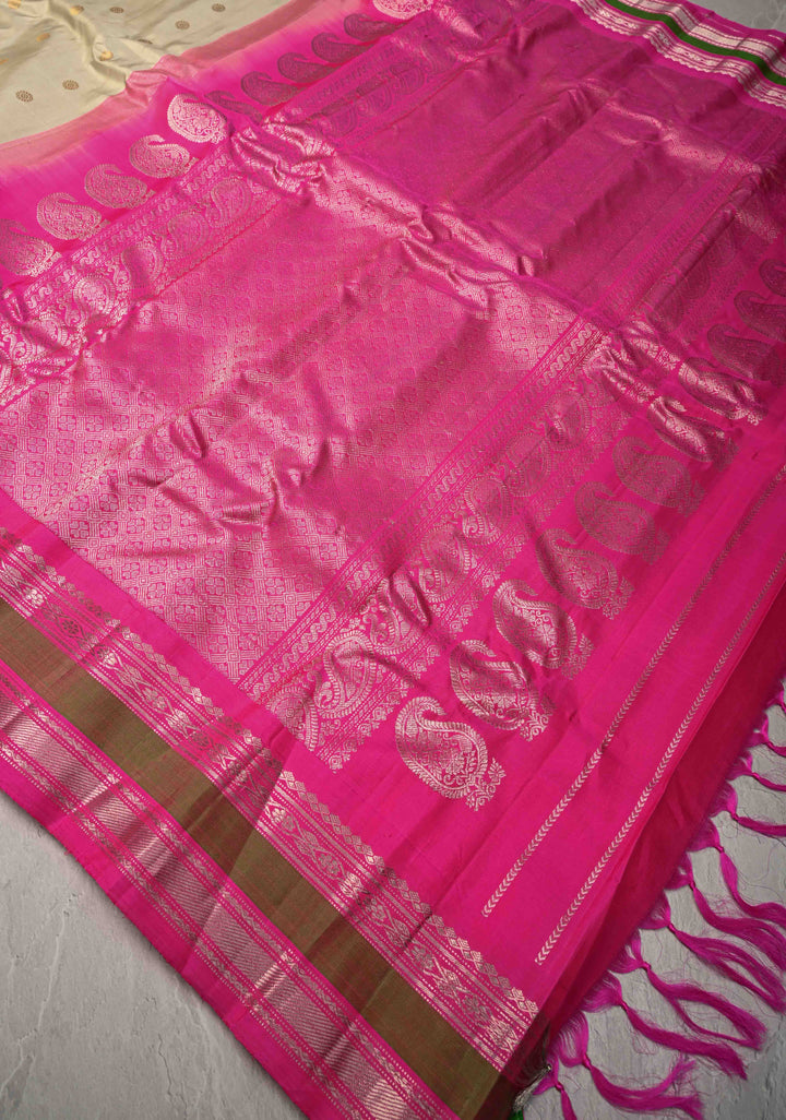 Cream Pure Gadwal Silk Saree with Zari Buttas and Contrast Rettaipet Border | SILK MARK CERTIFIED