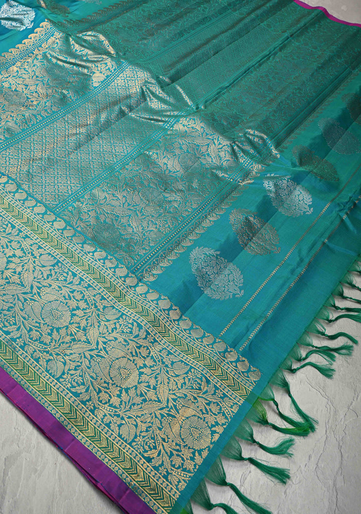 Dark Cyan Dualtone Pure Gadwal Silk Saree with Gold-Silver Buttas and Zari Border | SILK MARK CERTIFIED