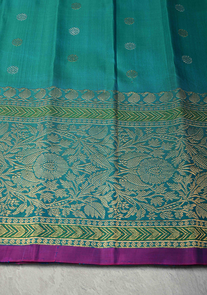 Dark Cyan Dualtone Pure Gadwal Silk Saree with Gold-Silver Buttas and Zari Border | SILK MARK CERTIFIED