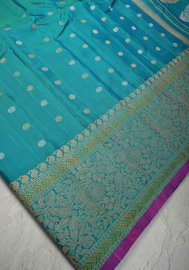Dark Cyan Dualtone Pure Gadwal Silk Saree with Gold-Silver Buttas and Zari Border | SILK MARK CERTIFIED