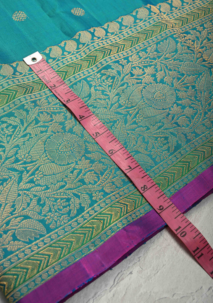 Dark Cyan Dualtone Pure Gadwal Silk Saree with Gold-Silver Buttas and Zari Border | SILK MARK CERTIFIED