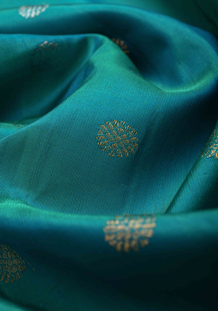 Dark Cyan Dualtone Pure Gadwal Silk Saree with Gold-Silver Buttas and Zari Border | SILK MARK CERTIFIED