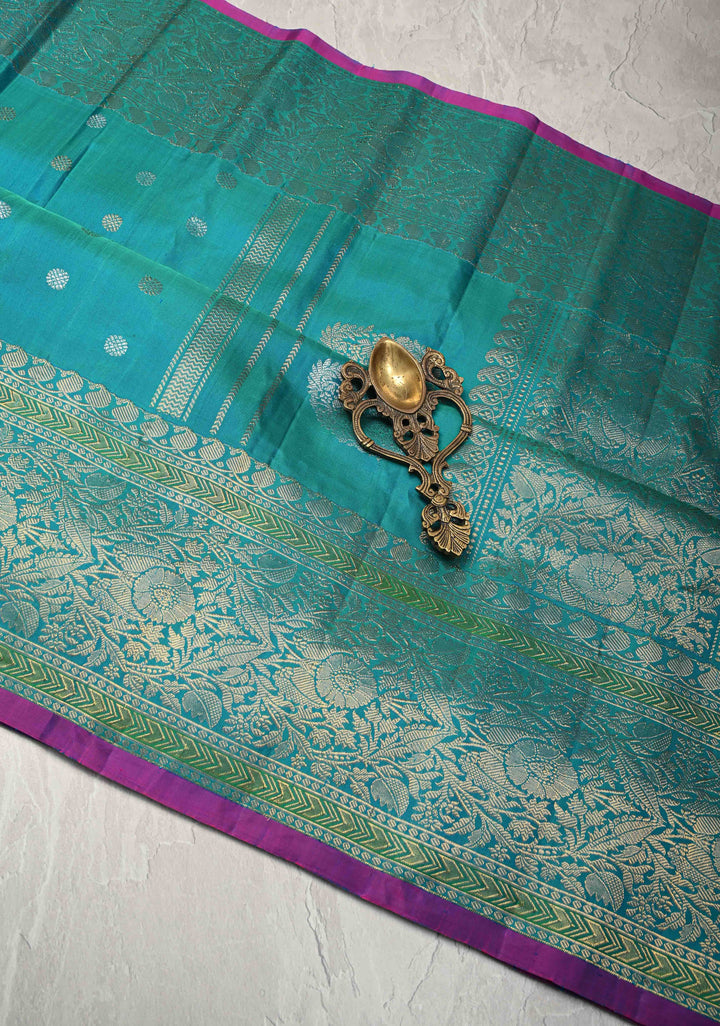 Dark Cyan Dualtone Pure Gadwal Silk Saree with Gold-Silver Buttas and Zari Border | SILK MARK CERTIFIED