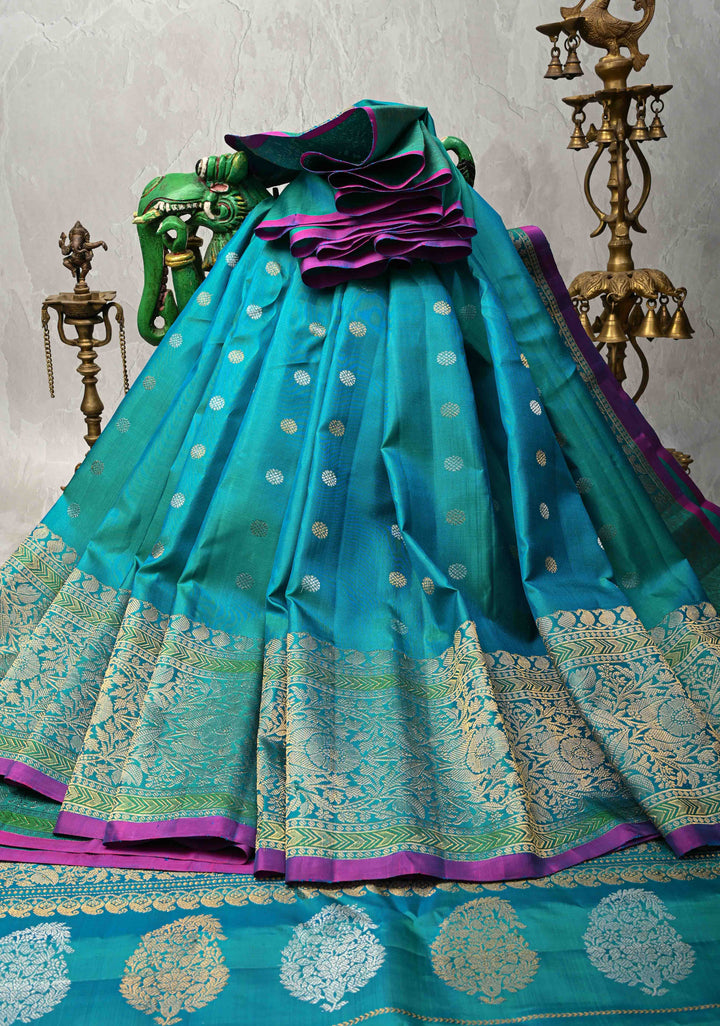 Dark Cyan Dualtone Pure Gadwal Silk Saree with Gold-Silver Buttas and Zari Border | SILK MARK CERTIFIED