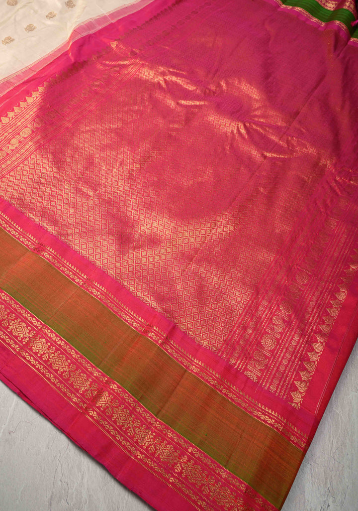 Off White Pure Gadwal Silk Saree with Zari Buttas and Contrast Zari Border | SILK MARK CERTIFIED