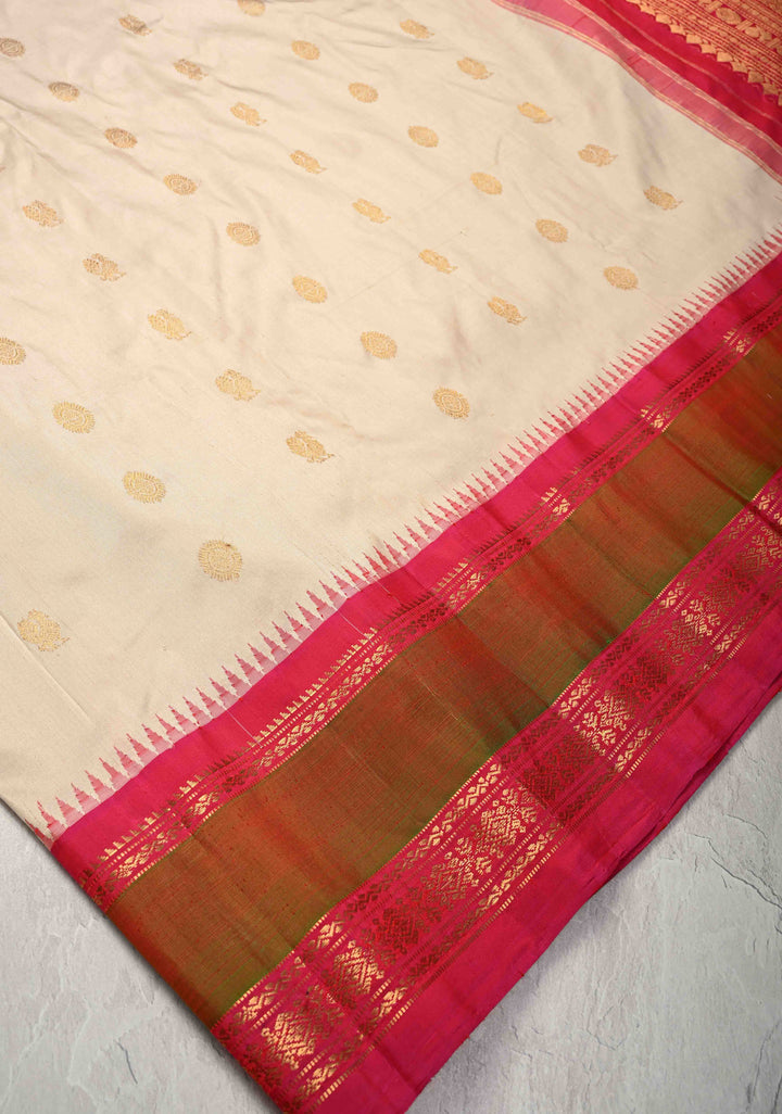 Off White Pure Gadwal Silk Saree with Zari Buttas and Contrast Zari Border | SILK MARK CERTIFIED