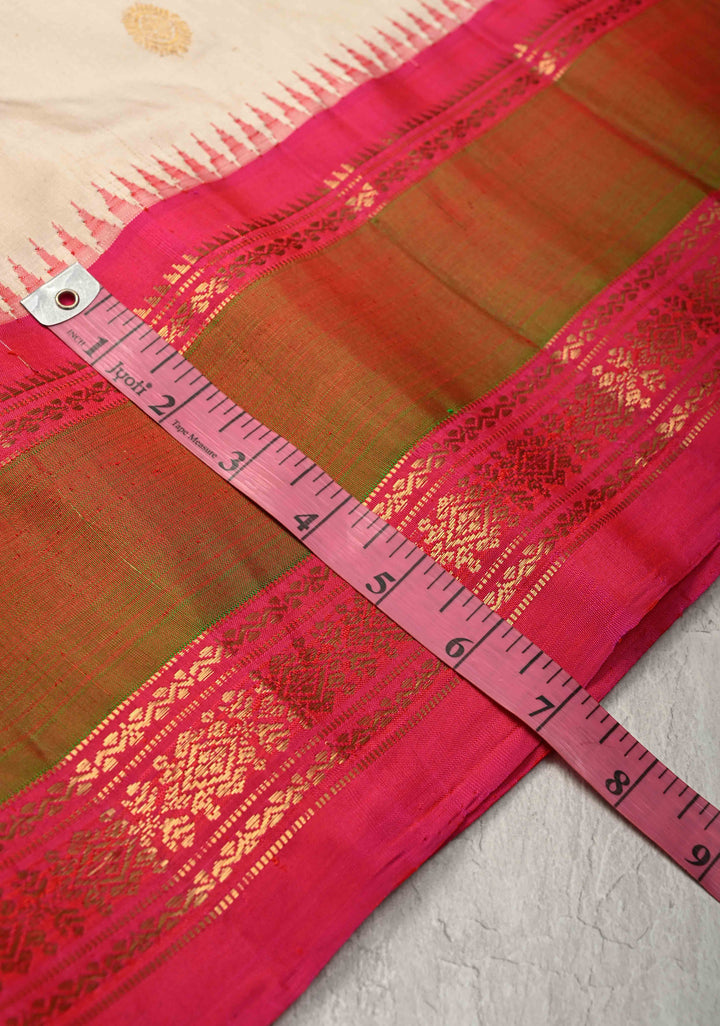 Off White Pure Gadwal Silk Saree with Zari Buttas and Contrast Zari Border | SILK MARK CERTIFIED