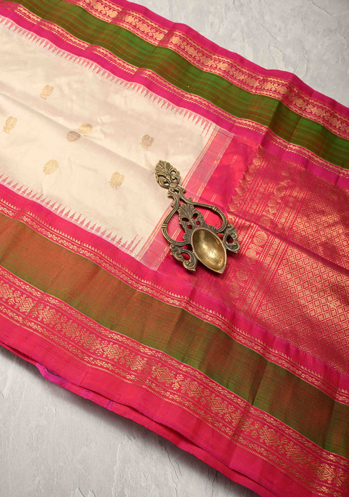 Off White Pure Gadwal Silk Saree with Zari Buttas and Contrast Zari Border | SILK MARK CERTIFIED