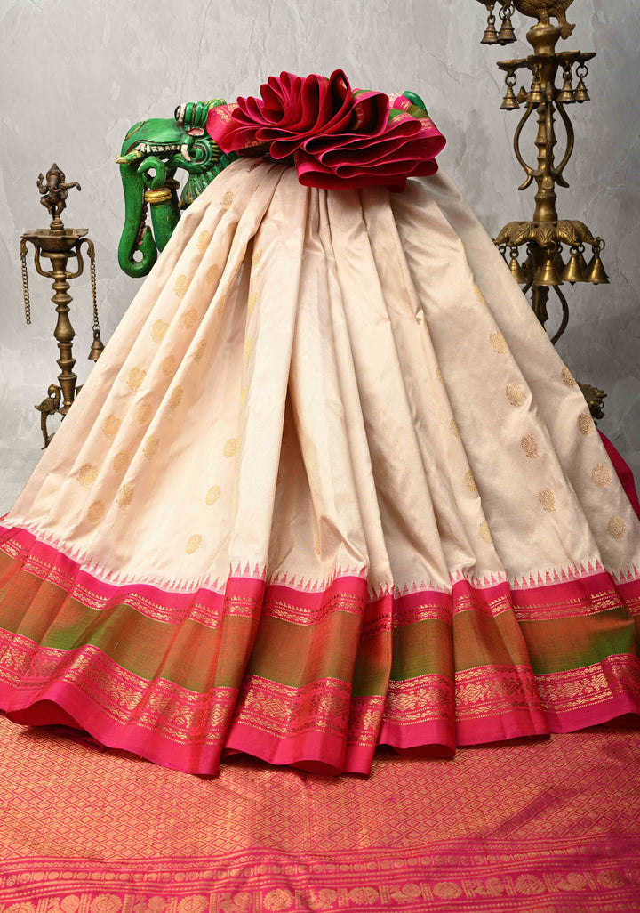 Off White Pure Gadwal Silk Saree with Zari Buttas and Contrast Zari Border | SILK MARK CERTIFIED