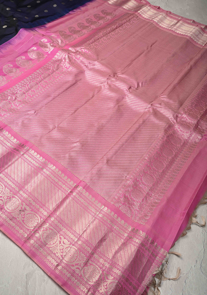 Black Pure Gadwal Silk Saree  with Zari Buttas and Contrast Pink and Silver Zari Border | SILK MARK CERTIFIED