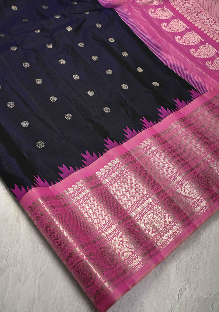 Black Pure Gadwal Silk Saree  with Zari Buttas and Contrast Pink and Silver Zari Border | SILK MARK CERTIFIED