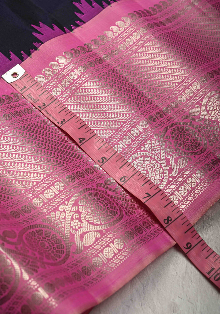 Black Pure Gadwal Silk Saree  with Zari Buttas and Contrast Pink and Silver Zari Border | SILK MARK CERTIFIED