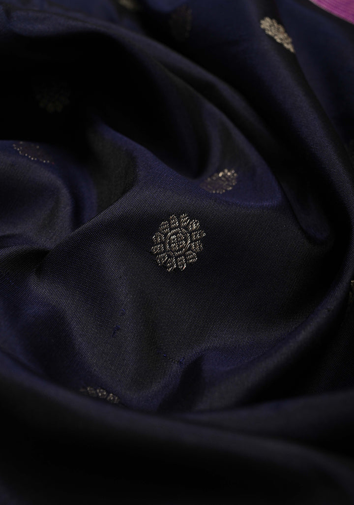 Black Pure Gadwal Silk Saree  with Zari Buttas and Contrast Pink and Silver Zari Border | SILK MARK CERTIFIED