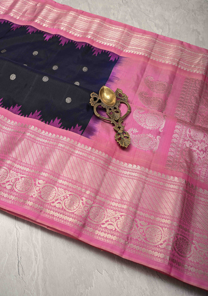 Black Pure Gadwal Silk Saree  with Zari Buttas and Contrast Pink and Silver Zari Border | SILK MARK CERTIFIED