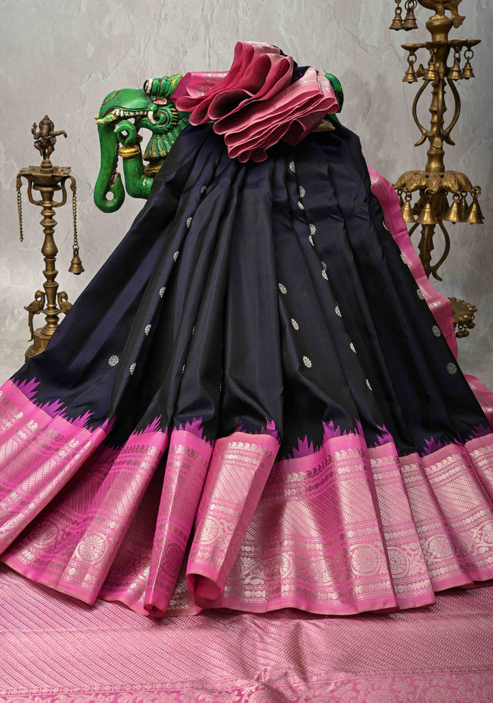 Black Pure Gadwal Silk Saree  with Zari Buttas and Contrast Pink and Silver Zari Border | SILK MARK CERTIFIED