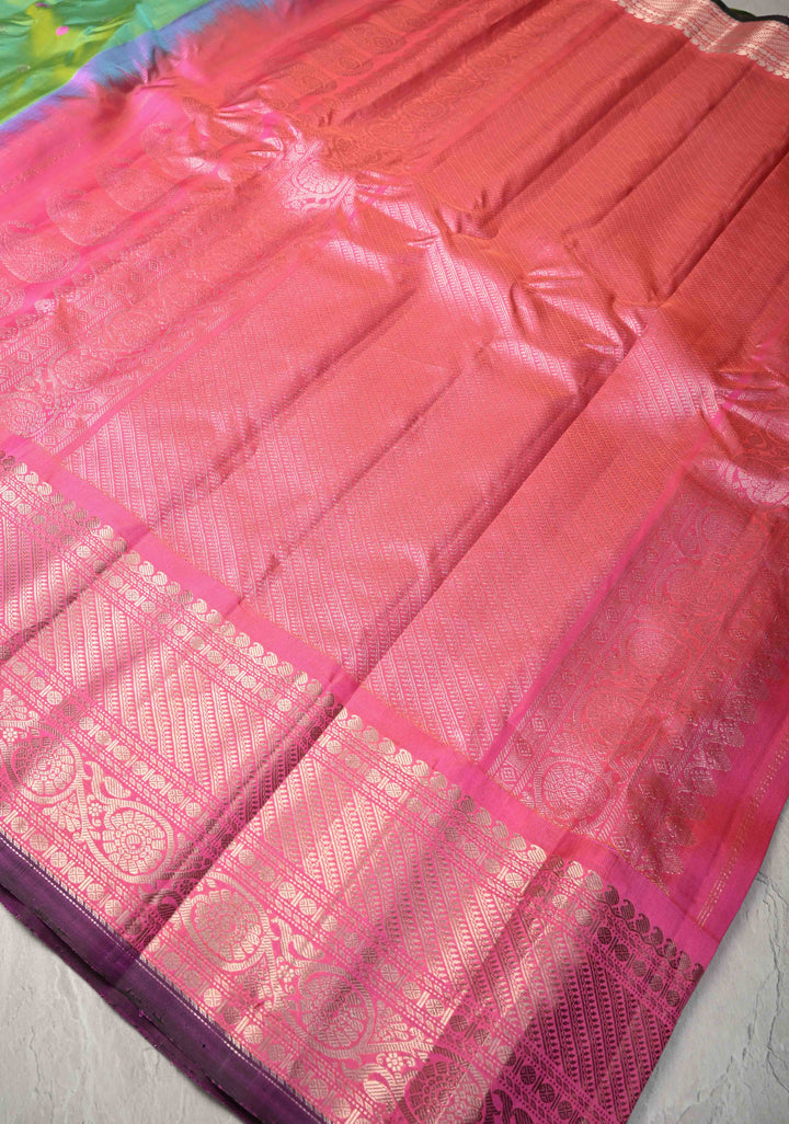 Pista Green Dual tone Pure Gadwal Silk Saree  with Meenakari Buttas and Contrast Silver Zari Border | SILK MARK CERTIFIED