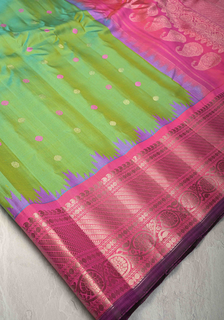 Pista Green Dual tone Pure Gadwal Silk Saree  with Meenakari Buttas and Contrast Silver Zari Border | SILK MARK CERTIFIED