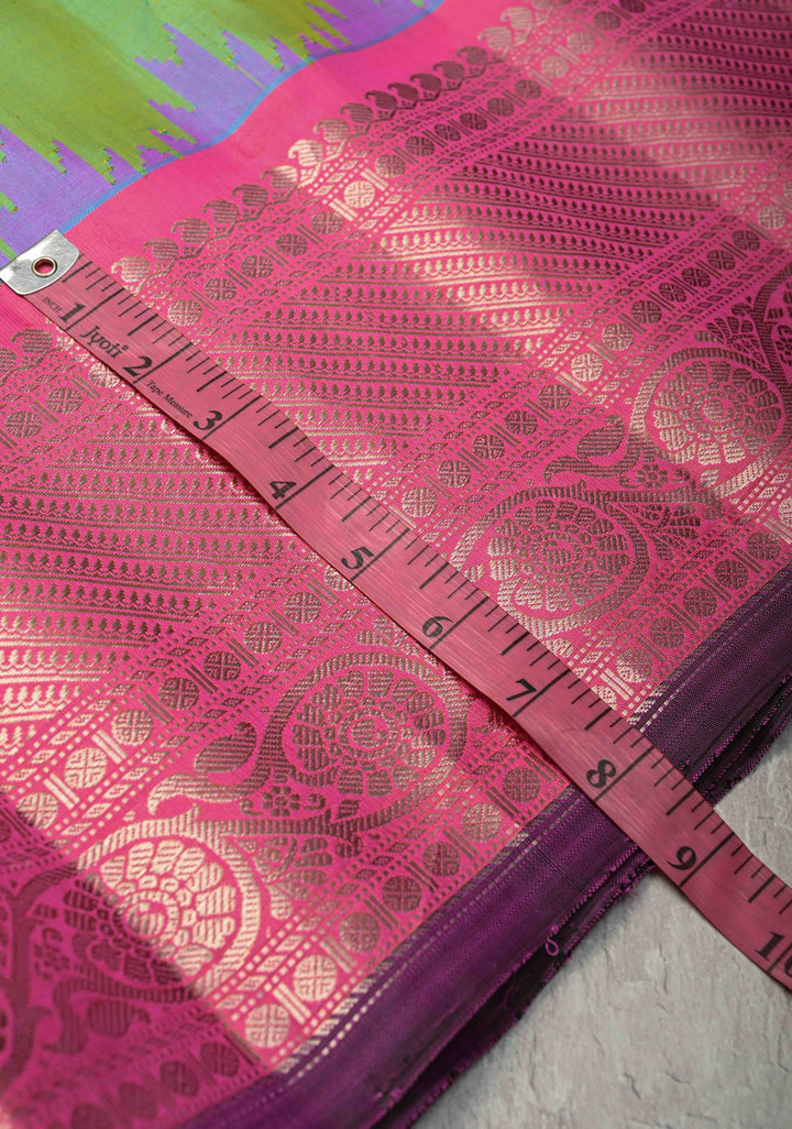 Pista Green Dual tone Pure Gadwal Silk Saree  with Meenakari Buttas and Contrast Silver Zari Border | SILK MARK CERTIFIED