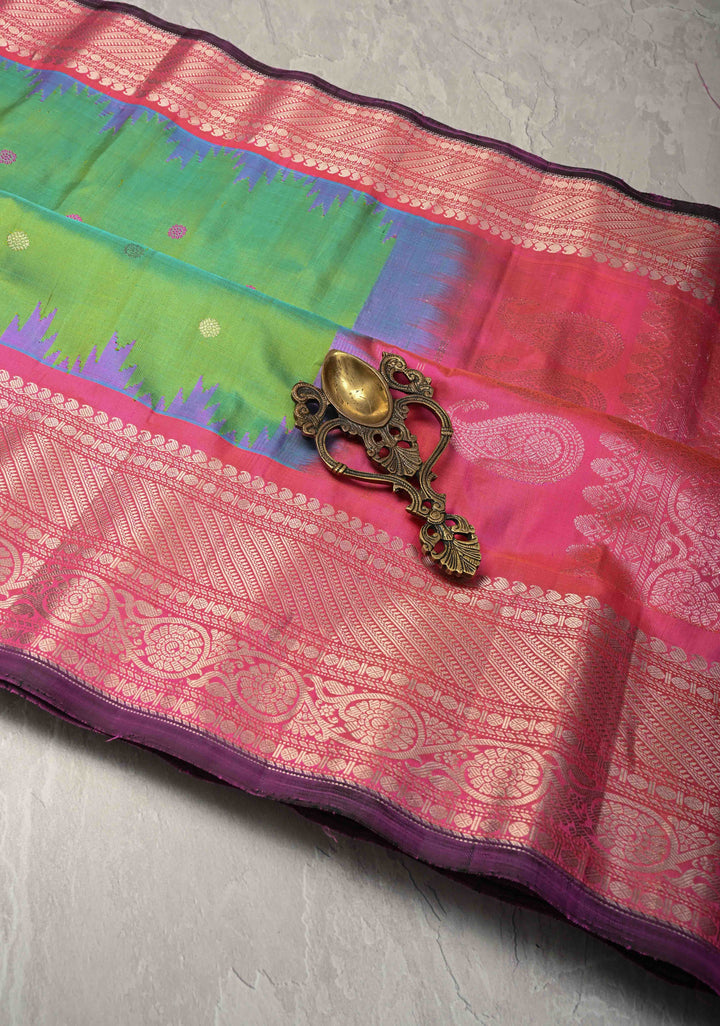 Pista Green Dual tone Pure Gadwal Silk Saree  with Meenakari Buttas and Contrast Silver Zari Border | SILK MARK CERTIFIED