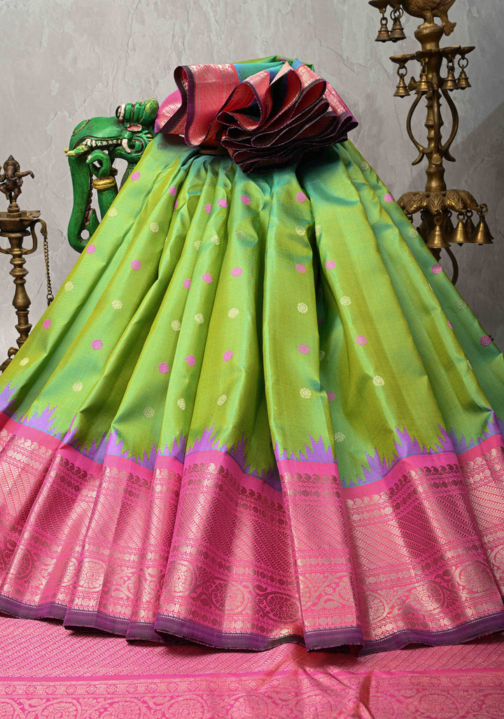 Pista Green Dual tone Pure Gadwal Silk Saree  with Meenakari Buttas and Contrast Silver Zari Border | SILK MARK CERTIFIED