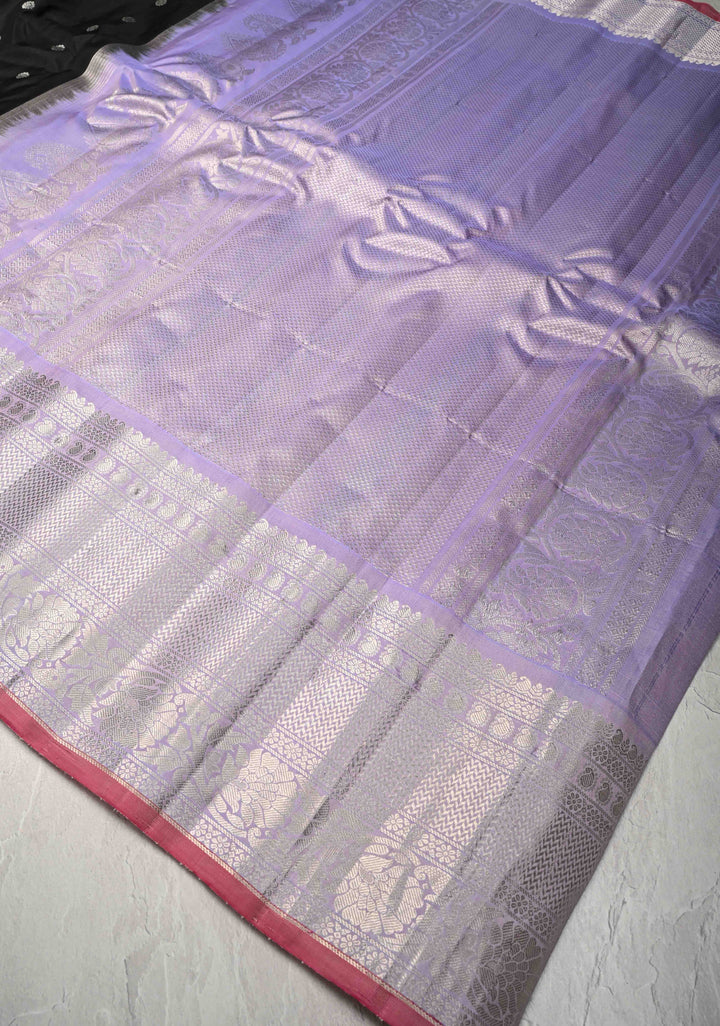 Pure Gadwal Silk Saree in Black with Zari Buttas and Lilac Zari Border | SILK MARK CERTIFIED