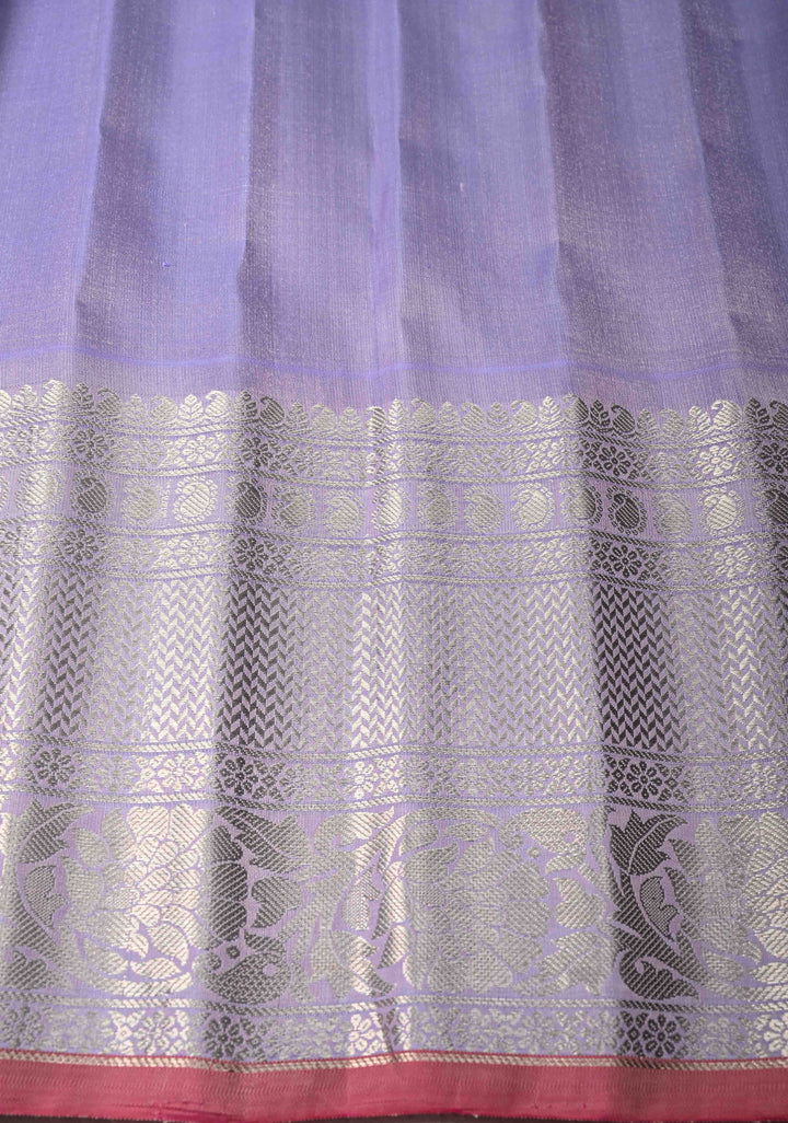 Pure Gadwal Silk Saree in Black with Zari Buttas and Lilac Zari Border | SILK MARK CERTIFIED