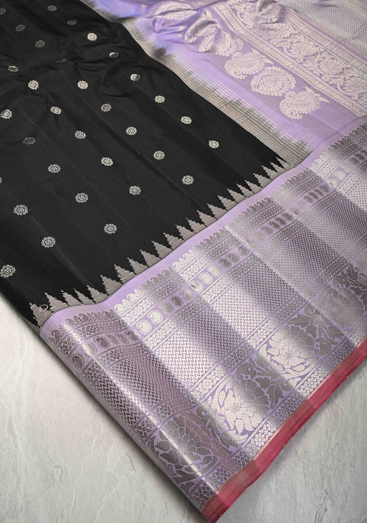Pure Gadwal Silk Saree in Black with Zari Buttas and Lilac Zari Border | SILK MARK CERTIFIED