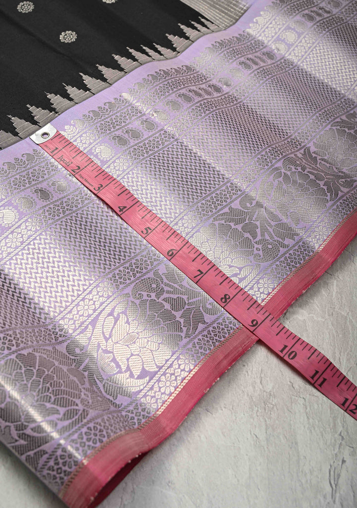 Pure Gadwal Silk Saree in Black with Zari Buttas and Lilac Zari Border | SILK MARK CERTIFIED