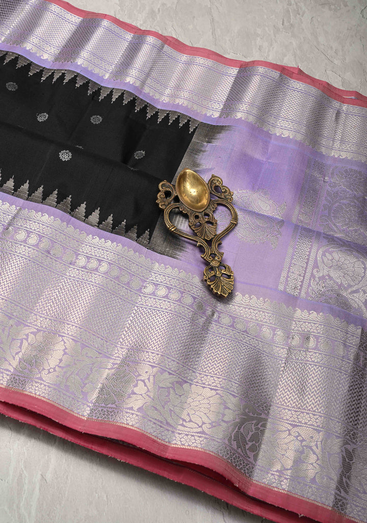 Pure Gadwal Silk Saree in Black with Zari Buttas and Lilac Zari Border | SILK MARK CERTIFIED
